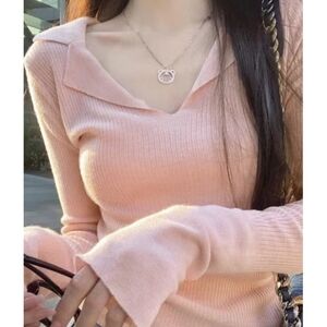 Solid V Neck Slim Long Sleeve Knit